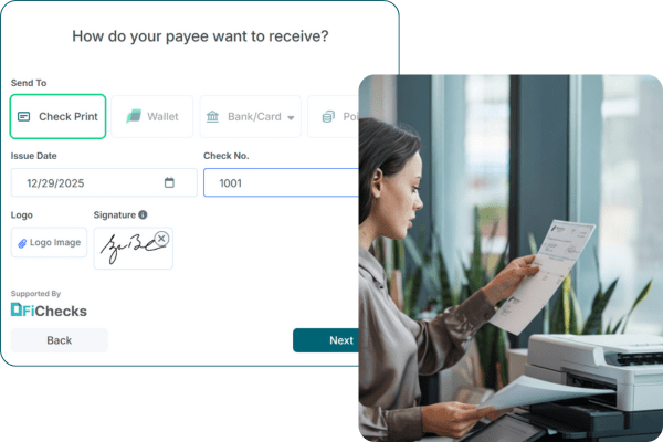 A Person Reviews a Check Print Option on a Digital Interface, Holding a Check While near a Printer and a Window