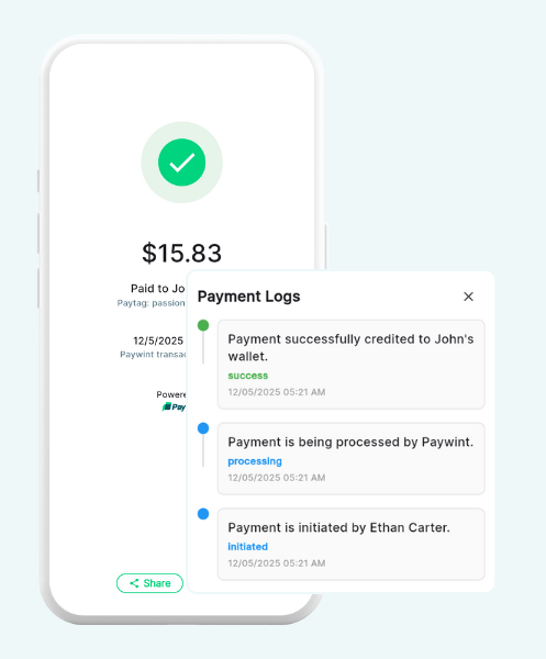 Payment Confirmation Screen on a Smartphone Showing a $15.83 Transaction with Detailed Payment Logs and a Success Notification
