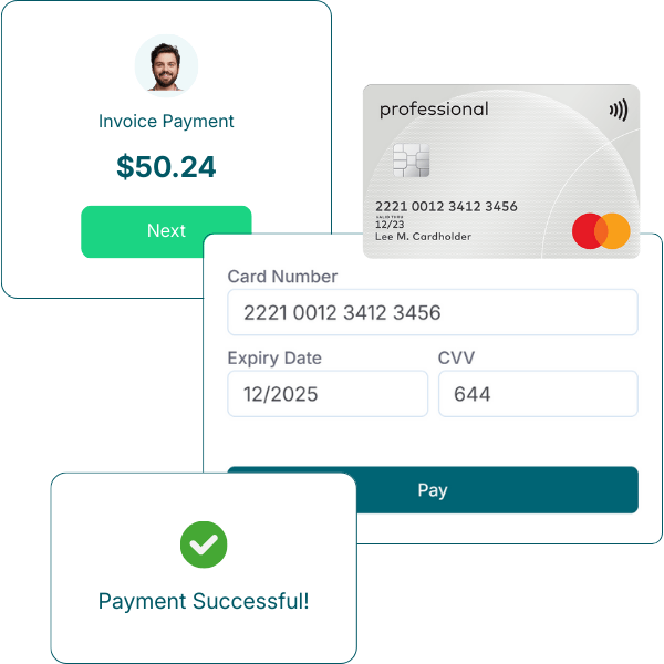 Invoice Payment Screen Showing a Total of $50.24, Card Details Input Fields, and a Confirmation of Successful Payment