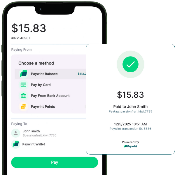 Screenshot of a Mobile Payment Interface Showing a $15.83 Transaction to John Smith Via Paywint, with Payment Method Options Displayed