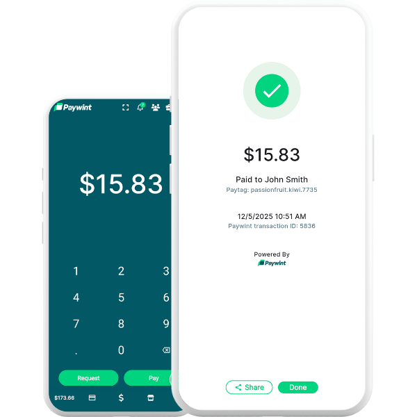 A Mobile Payment App Interface Showing a Transaction of $15.83 to John Smith, with Transaction Details and a Confirmation Checkmark