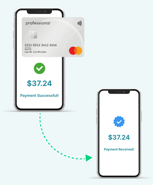 A Woman Holding a Smartphone Displaying a 'Payment Successful' Message, with a Credit Card on the Table