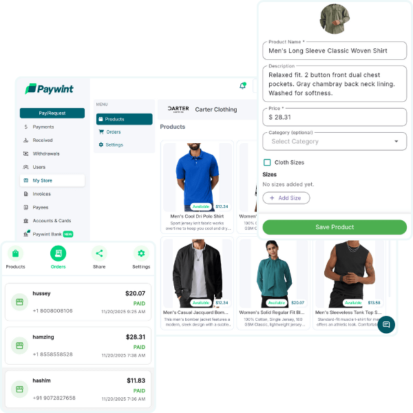 Screenshot of the Paywint Platform Showing Product Listings and an Item Details Pop-Up for a Men's Long Sleeve Shirt