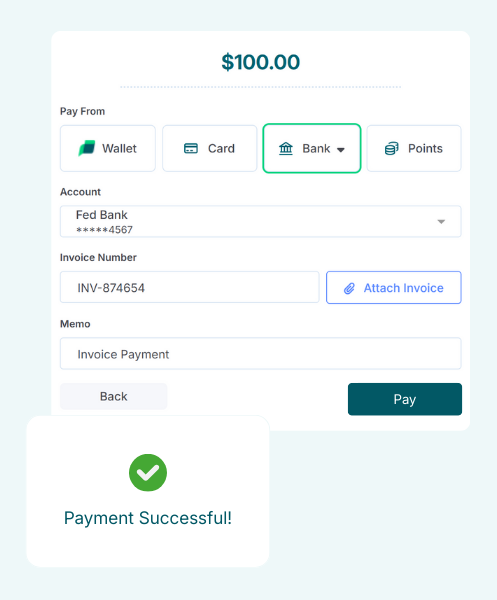 Screenshot of a Payment Interface Showing $100 Payment Details and a Confirmation Message "Payment Successful!" with a Checkmark