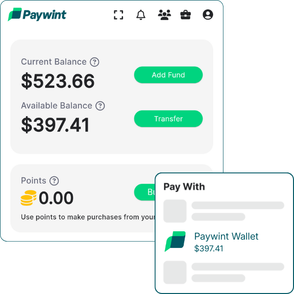 Paywint Wallet Interface Displaying Current Balance of $523.66, Available Balance of $397.41, and 0 Points. Options to Add Funds and Transfer