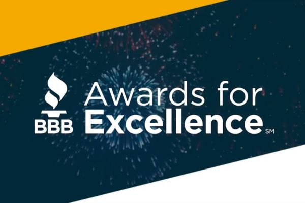 Logo Featuring "BBB Awards for Excellence" with a Vibrant Fireworks Background and a Bold Yellow and Dark Blue Design