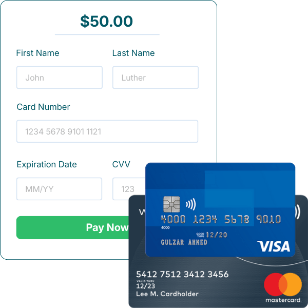 Payment Form Displaying $50.00, with Fields for Name, Card Number, Expiration Date, CVV, and a "Pay Now" Button Alongside Two Credit Cards