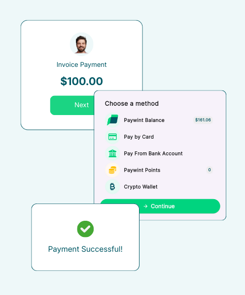 Screenshot of a Payment Interface Showing an Invoice for $100, Payment Options, and a Successful Payment Confirmation