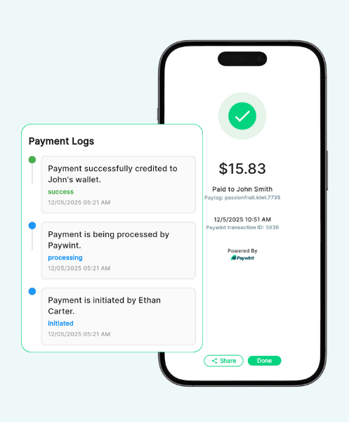 A Smartphone Displays a Payment Log Showing a $15.83 Transaction to John Smith, Detailing Success and Processing Status Updates