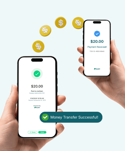 Smiling Man Using a Smartphone, with Paywint Icons for Bank, Card, and Wallet Payments