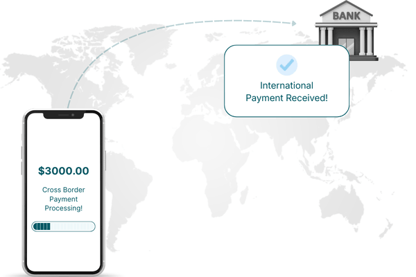 A Smartphone Displays a $3000 International Payment Processing, with a Message Indicating Successful Payment Received at a Bank