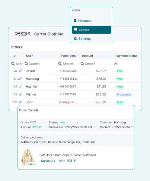 Order Management Interface for Carter Clothing, Displaying Order Details and Payment Statuses for Multiple Users