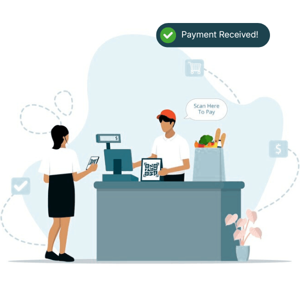 A Customer Uses a Smartphone at a Checkout Counter, Where a Cashier Holds a QR Code Next to a Grocery Bag. Payment Confirmed Message Displayed