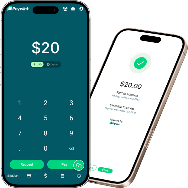 Two Smartphones Displaying a Payment Interface: One Shows a $20 Transaction Screen, the Other Confirms Payment Details