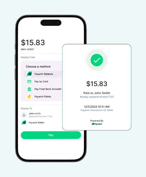 Phone Payment Interface Showing a $15.83 Transaction to John Smith Via Paywint, Including Payment Method Options and Confirmation Details