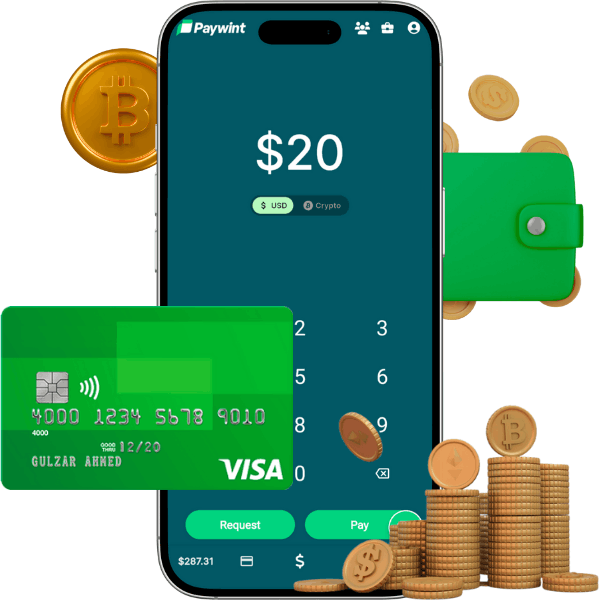 A Smartphone Displays a $20 Balance with Options for USD and Crypto, Surrounded by Coins and a Green Wallet. A Visa Card Is Also Visible
