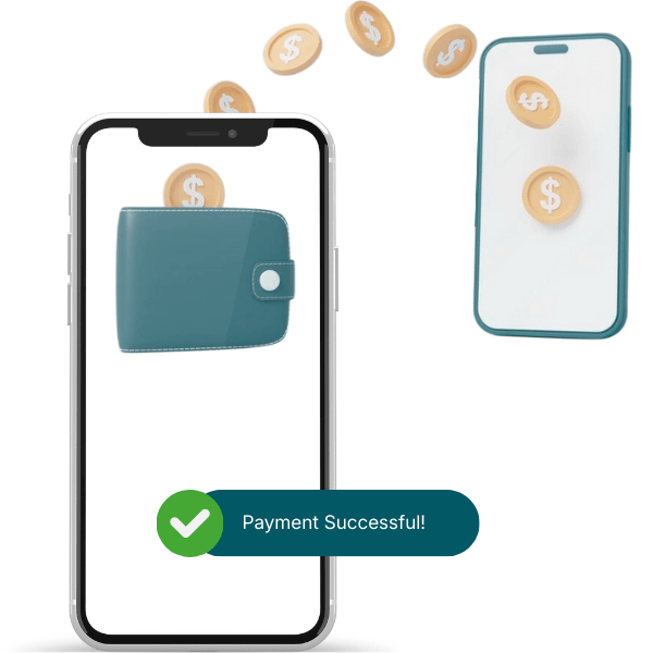 Animation of a Smartphone Displaying a Mobile Wallet, with Flying Coins and a Message Confirming "Payment Successful!"