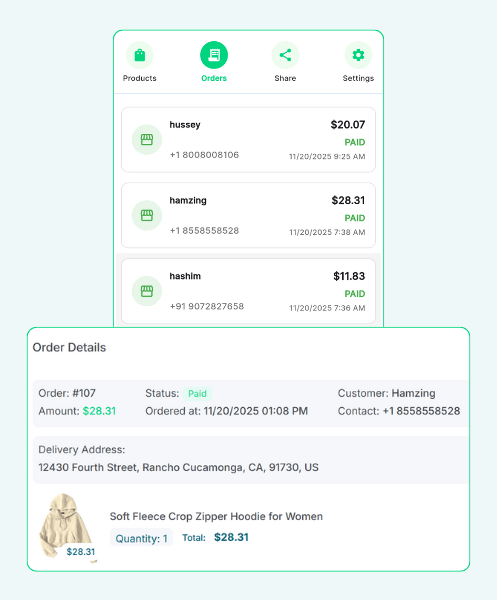 Order Summary Showing Three Transactions, with Order Details for a Soft Fleece Hoodie, Total Amount $28.31, and Delivery Address