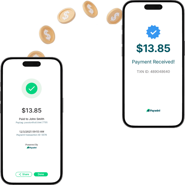 Two Smartphones Displaying a Payment Confirmation of $13.85 to John Smith, with Animated Coins Floating Above
