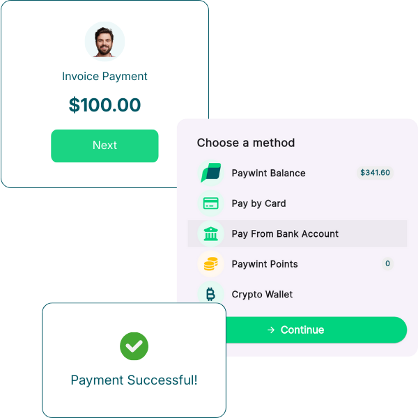 Payment Interface Displaying an Invoice for $100 with Options for Payment Methods and a Confirmation of Successful Payment