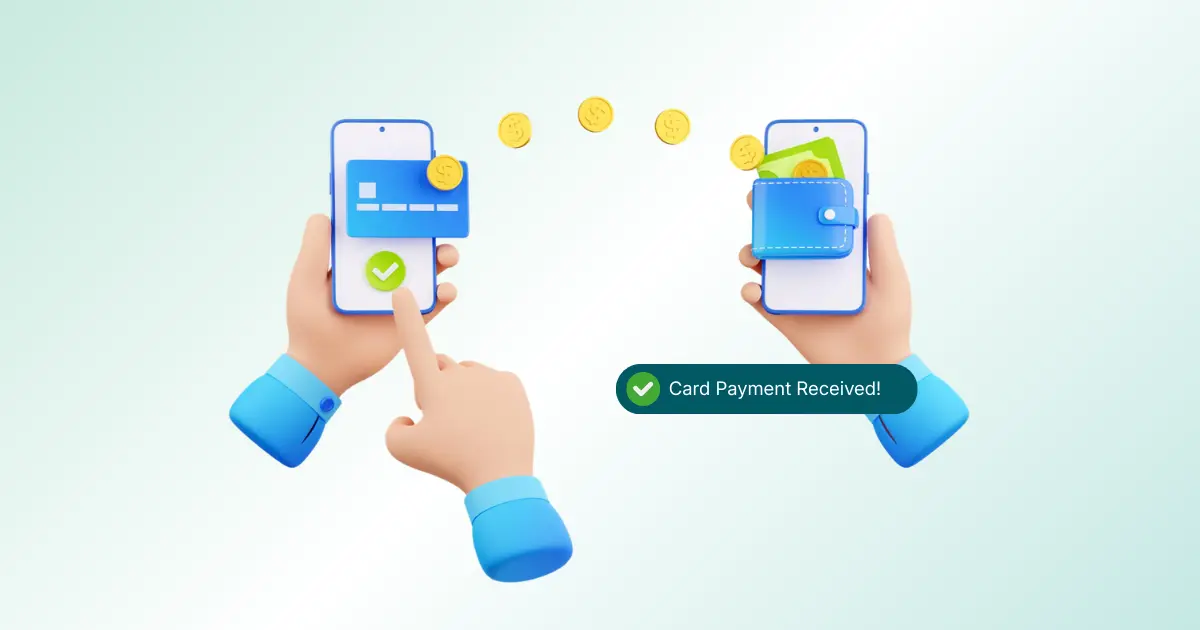 Two Hands Hold Smartphones Exchanging Digital Coins, with a Message Displaying "Card Payment Received!" to Indicate a Successful Transaction