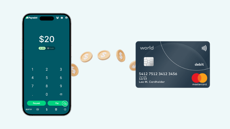 A Smartphone Displaying a $20 Payment Interface Connected to a Mastercard Debit Card, with Animated Currency Symbols