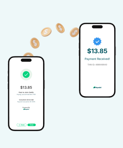Two Smartphones Display Payment Transactions: One Shows Payment Sent, the Other Confirms Payment Received, with Coins Floating Above