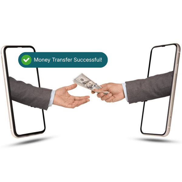 Two Hands Reaching Through Smartphone Screens, Exchanging Cash, with a Confirmation Message: "Money Transfer Successful!"