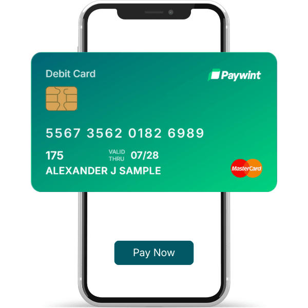 A Smartphone Displays a Paywint Virtual Card with a "Pay Now" Button Below It. The Card Features a Green Design with MasterCard Logo