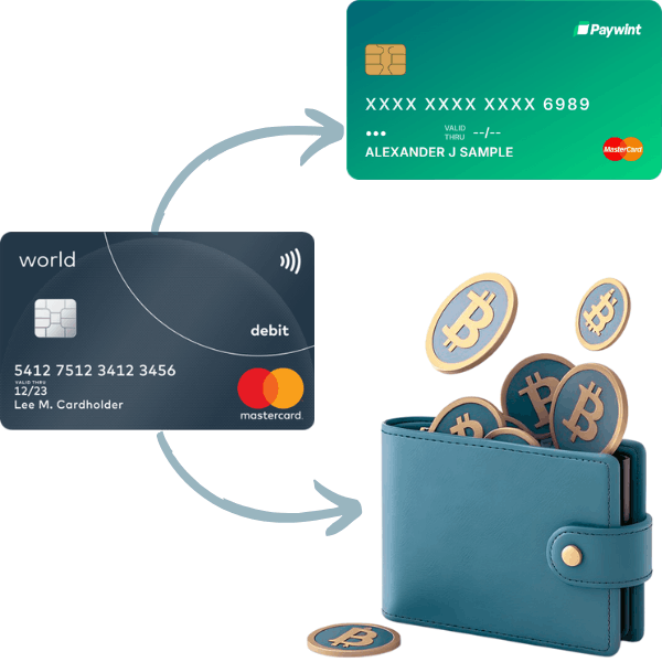 Account Funding Transactions, Showcasing a Transition from a Debit Card to a Digital Wallet with Bitcoin Coins