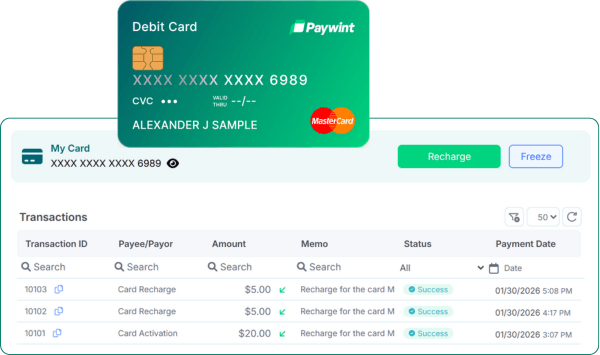 Image of a Paywint Virtual Card Displaying Partial Card Details, Alongside a Transaction History Table Listing Recent Card Activities