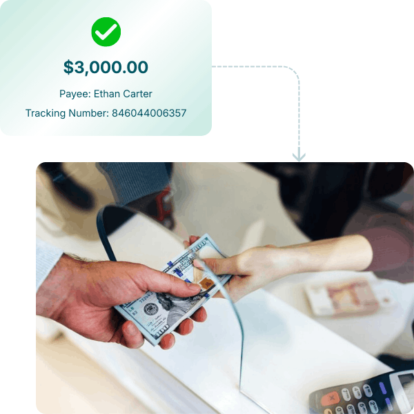 A Hand Transfers Cash to Another Hand, with a Transaction Summary Above Stating $3,000 Paid to Ethan Carter, Including a Tracking Number