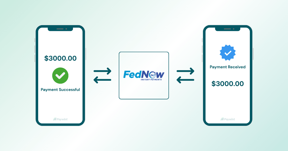Animation Showing a $3000 Payment Sent and Received Via FedNow Instant Payments, with Confirmation Messages on Both Mobile Screens