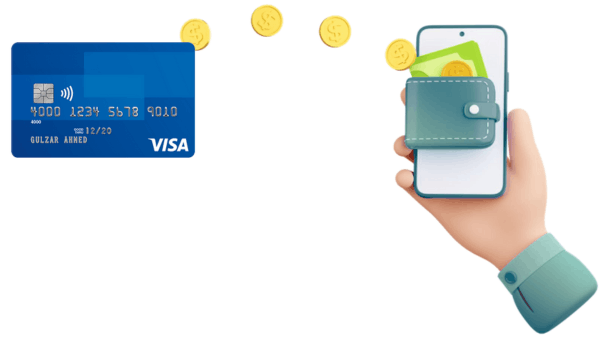A Hand Holding a Smartphone with a Wallet, Next to a Visa Card and Flying Coins, Symbolizing Digital Payments