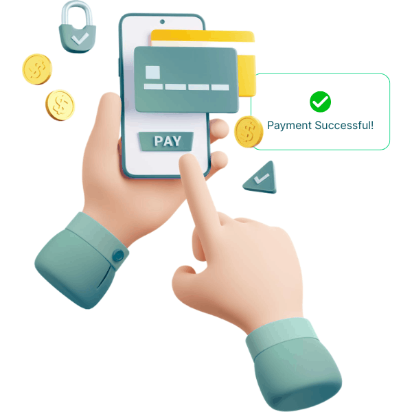 Hands Using a Smartphone to Complete a Payment. A Message Confirms "Payment Successful!" with Coins and Icons Nearby