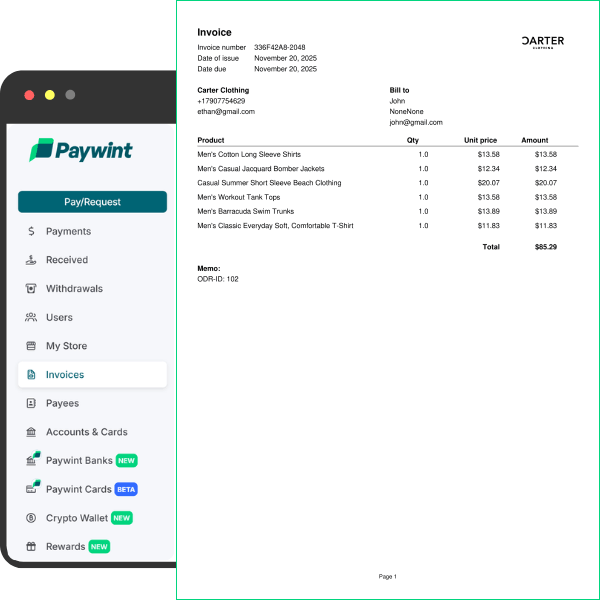 Invoice from Paywint for Carter Clothing, Detailing Products, Quantities, Unit Prices, and Total Amount Due of $85.29