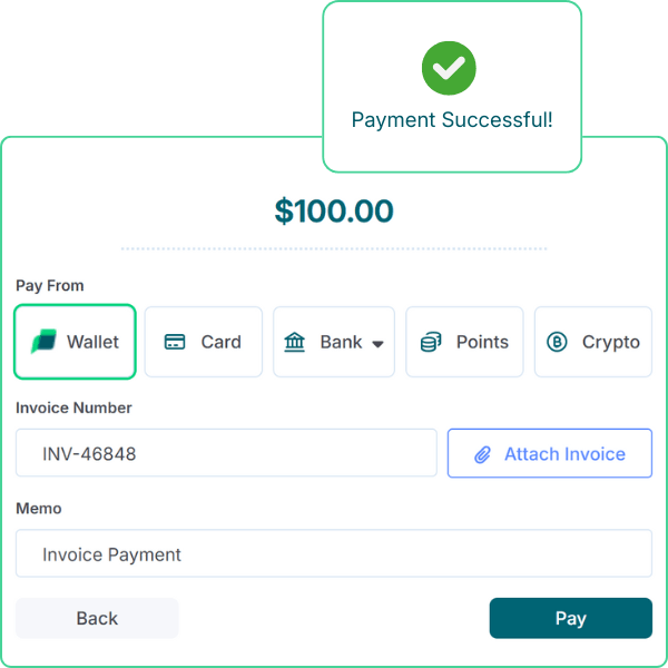 Digital Payment Interface Showing $100 Payment Labeled "Payment Successful" with a Green Check Mark. Options Include Wallet, Card, Bank, Points, Crypto