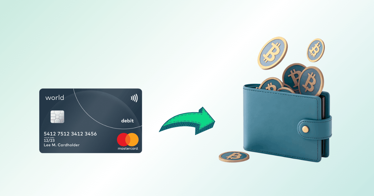 A Debit Card with a Mastercard Logo Next to a Teal Wallet Overflowing with Gold Bitcoin Coins, Illustrating Digital Currency Use