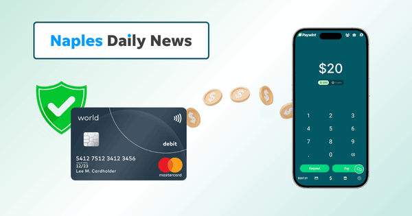 A Debit Card Next to a Mobile Payment Screen Showing $20, with Digital Coins Floating Between Them and a Security Check Symbol