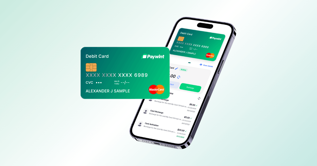 A Green Paywint Virtual Card Displayed Alongside a Smartphone Showing the Card's App Interface with Transaction Details and Balance