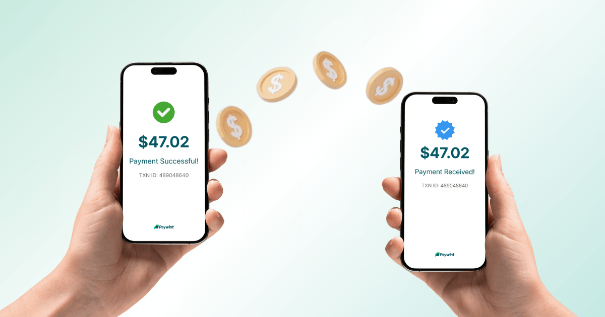 Two Hands Hold Smartphones Displaying Payment Confirmation Screens, with Floating Coins and a Light Background. Payment of $47.02 Is Shown