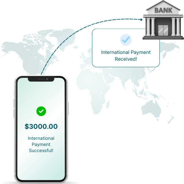 Illustration of a Smartphone Displaying a Successful $3000 International Payment with a Bank Icon and a World Map Background