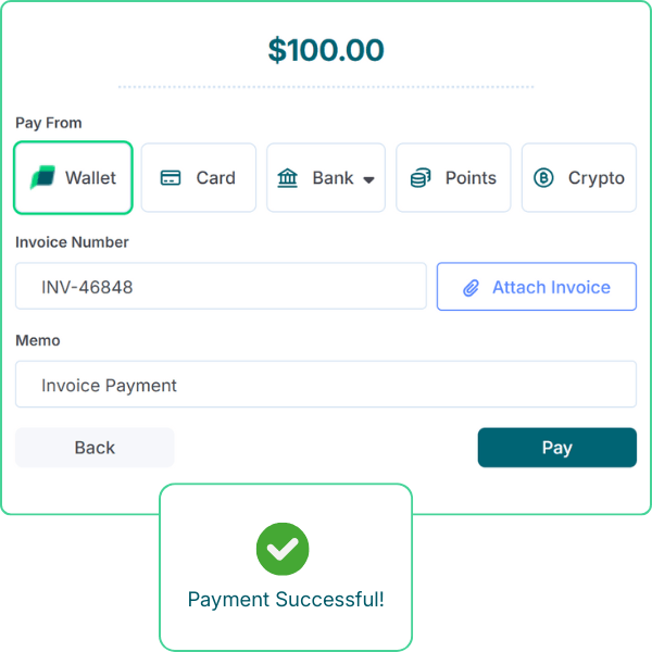 Payment Interface Displaying a Successful Transaction Confirmation for $100 from a Wallet, with Invoice Details and Pay Options