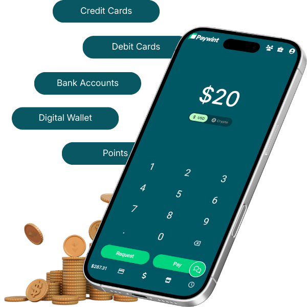 A Smartphone Displays a $20 in a Payment App, with Options for Credit/debit Cards, Bank Accounts, Digital Wallets, and Points. Coins Are Nearby