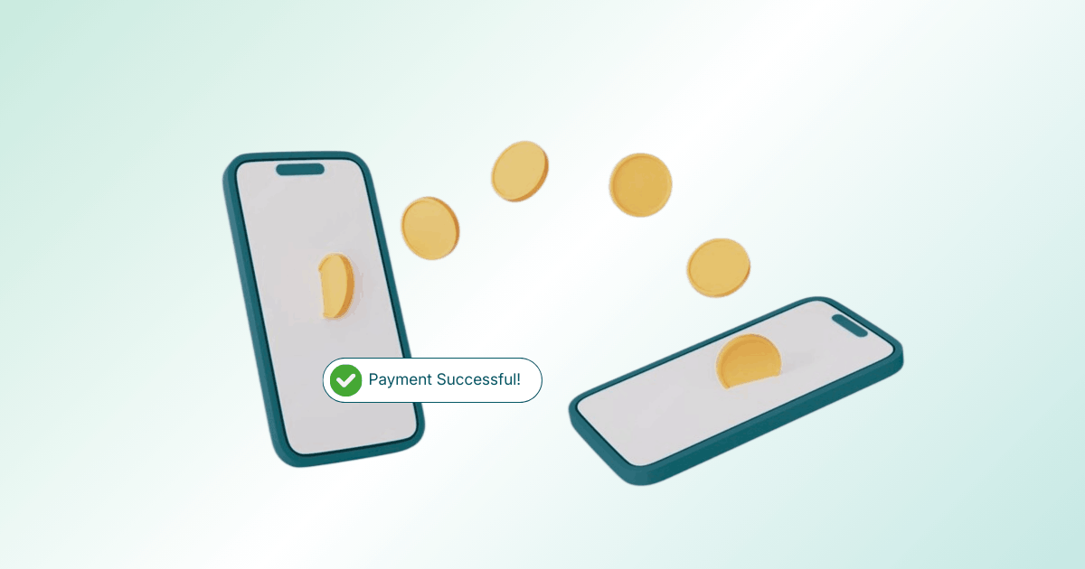 Two Smartphones with Animated Coins Moving Between Them. A Notification Reads "Payment Successful!" in a Friendly Style