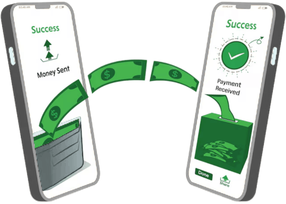 Illustration of Two Smartphones Displaying Money Transfer Success: One Shows "Money Sent," the Other "Payment Received," with Cash Graphics