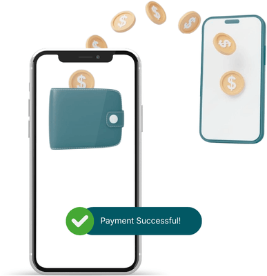 A Smartphone Displays a Wallet with Coins Falling, Indicating a Successful Payment with a Green Checkmark Below