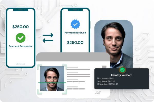 Digital Payment Interface Showing Successful Transaction and Identity Verification with ID Card Details Displayed