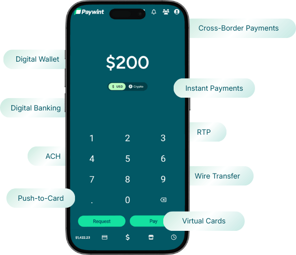 A Smartphone Displays the Paywint App Interface, Showing a Balance of $200 and Options for Various Payment Features