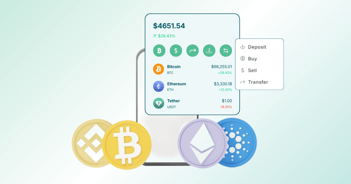 A Digital Wallet Interface Displaying Cryptocurrency Balances for Bitcoin, Ethereum, and Tether, Alongside Action Buttons for Transactions